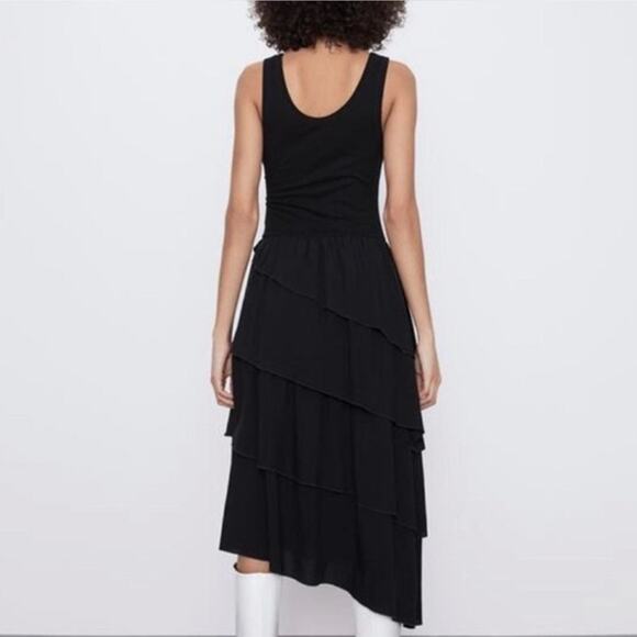Zara black sleeveless boho ribbed tank top ruffle tiered maxi dress size XS - Picture 12 of 16